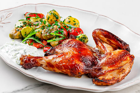 Цыпленок корнишон с овощным рагу и греческим соусом