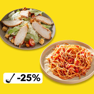 Обед с пастой Болоньезе и салатом Цезарь