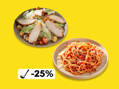 Обед с пастой Болоньезе и салатом Цезарь