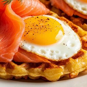 Картофельные вафли с лососем и яйцом 