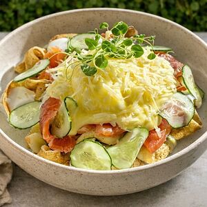 Блины-фетучини с форелью и творожным сыром 