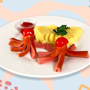 Осьминожки с картофельным пюре и кетчупом