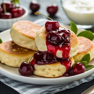 Сырники домашние со сметаной и вишневым конфитюром