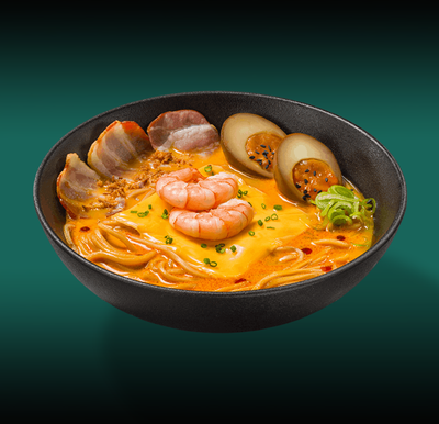 Сырный рамен с креветками и беконом