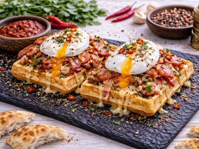 Бельгийские вафли с яйцом,беконом и сыром