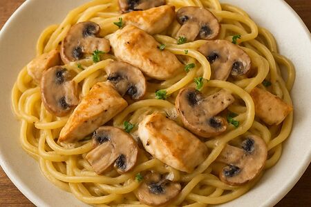 Паста с курицей и шампиньонами 