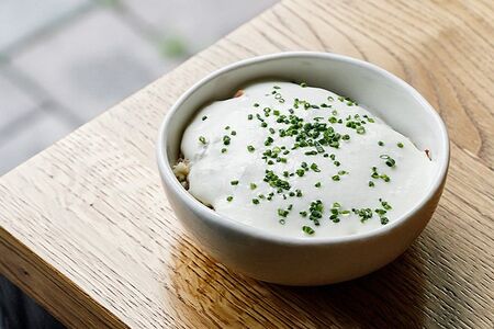 Гречка с беконом и муссом пармезан