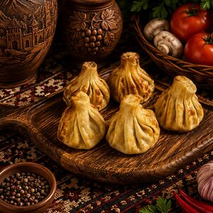 Хинкали, жаренные с сыром, зеленью и томатами