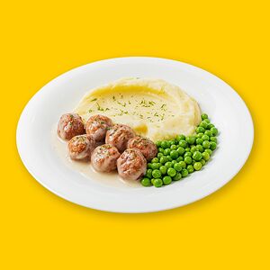 Фрикадельки с картофельным пюре и зеленым горошком 