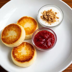 Сырники без сахара на рисовой муке с йогуртом и вареньем