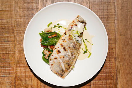 Судак с цветной капустой и соусом из копчёного порея