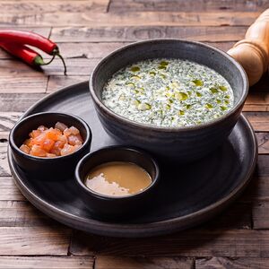 Окрошка на мацони с вяленой курицей