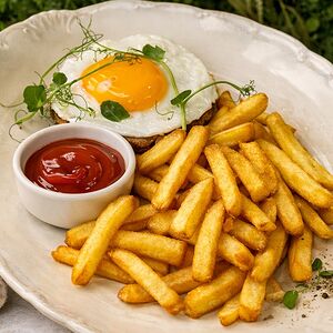 Бифштекс с картофелем фри и соусом гриль