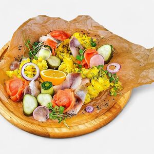 Ассорти малосольной рыбы с мятым картофелем