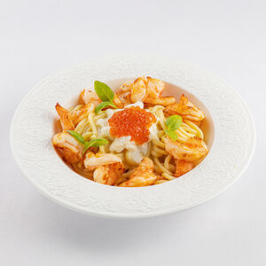 Спагетти с креветкой и лимонным фюме