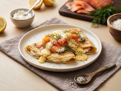 Блинчики с семгой, крем-чизом и голландским соусом