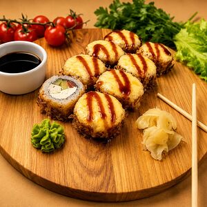 Запечённый ролл с лососем, ананасом и крабом 