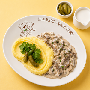 Бефстроганов с мятым картофелем с маринованными огурцами и грибами