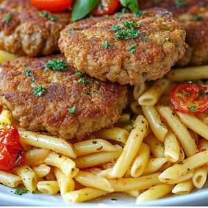 Макароны с котлетой куриной