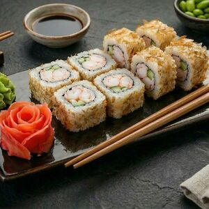 Спайси-ролл в стружке тунца креветка