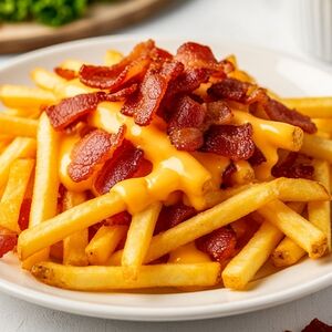 Картофель фри с беконом, хрустящим луком и сырным соусом