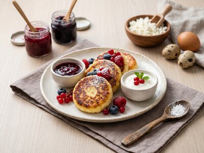 Сырники с домашним джемом, сметаной и сезонными ягодами
