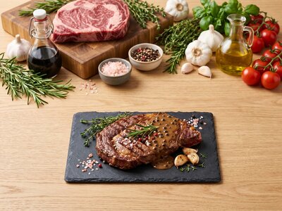Стейк Рибай с перечным соусом и розовой морской солью