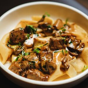 Блинчики с говяжьим языком и белыми грибами