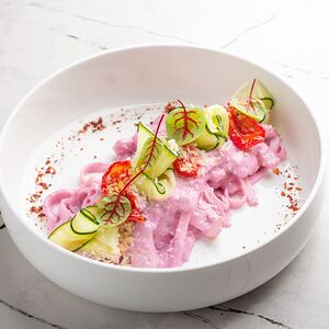 Лапша с курицей и песто из капусты
