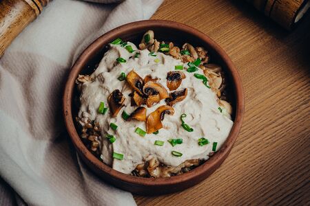 Полба с томленой уткой, грибами и грибным муссом