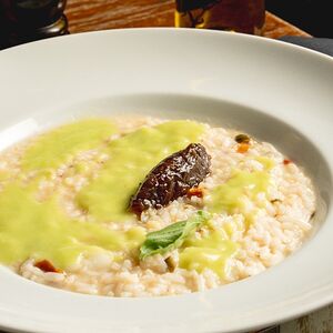 Ризотто с палтусом и кремом из кабачков 