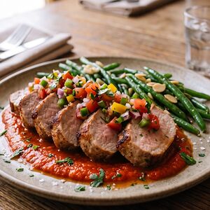 Свиная корейка с сальсой и соусом из болгарского перца