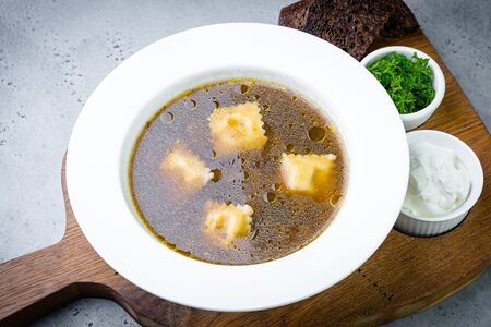 Суп из белых грибов с картофельными равиоли