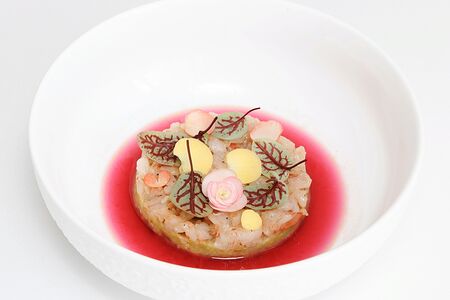 Тартар из лангустина с гуакамоле и базиликовой водой