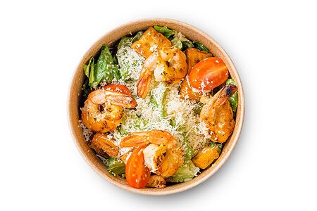 Салат Цезарь с сувлаки из креветок