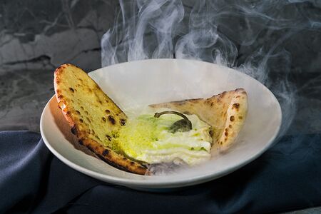 Тартар из теленка, мусс из пармезана, теплая фокачча