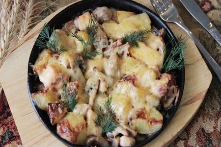Мясная сковорода с картофелем и грибами