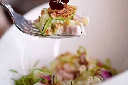 Оливье с колбасой и луком фри