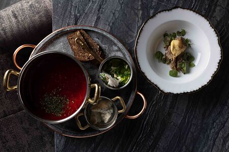 Борщ из утки с вяленой грушей