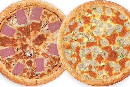 2 пиццы Ветчина-грибы и Сочная курочка