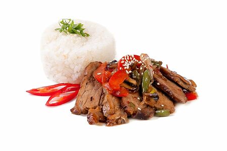 Свинина по-сычуански с отварным рисом