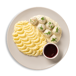 Фрикадельки с пюре и брусничным соусом