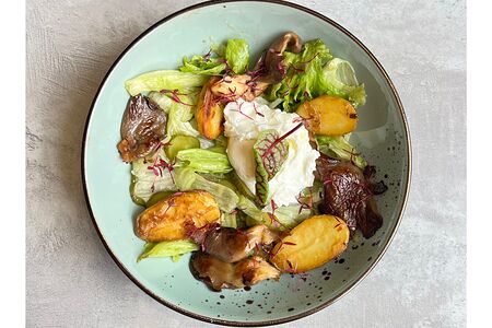 Теплый салат с вешенками и яйцом пашот