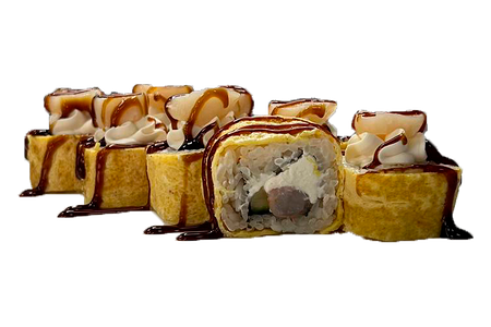 Ролл с гребешком и креветкой в омлете