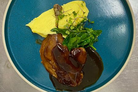 Утиная ножка с картофельным пюре в соусе демигляс