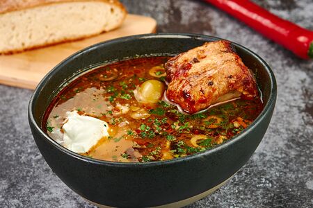 Солянка мясная со свиными ребрами и индейкой из собственной коптильни
