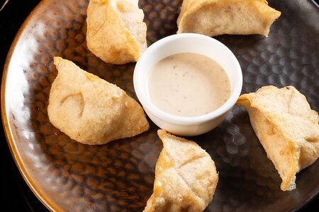 Жареные вонтоны с курицей и кунжутным соусом