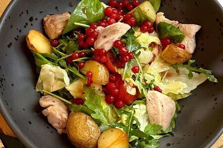 Салат с перепелкой, кремом хойсин и моченой брусникой