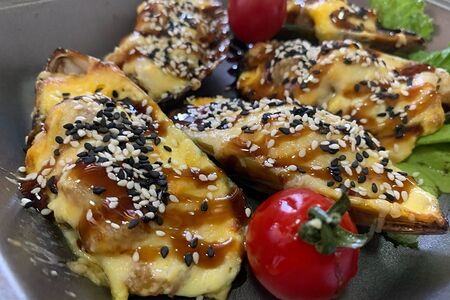 Мидии, запеченные с креветкой