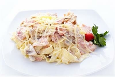 Паста с ветчиной и грибами